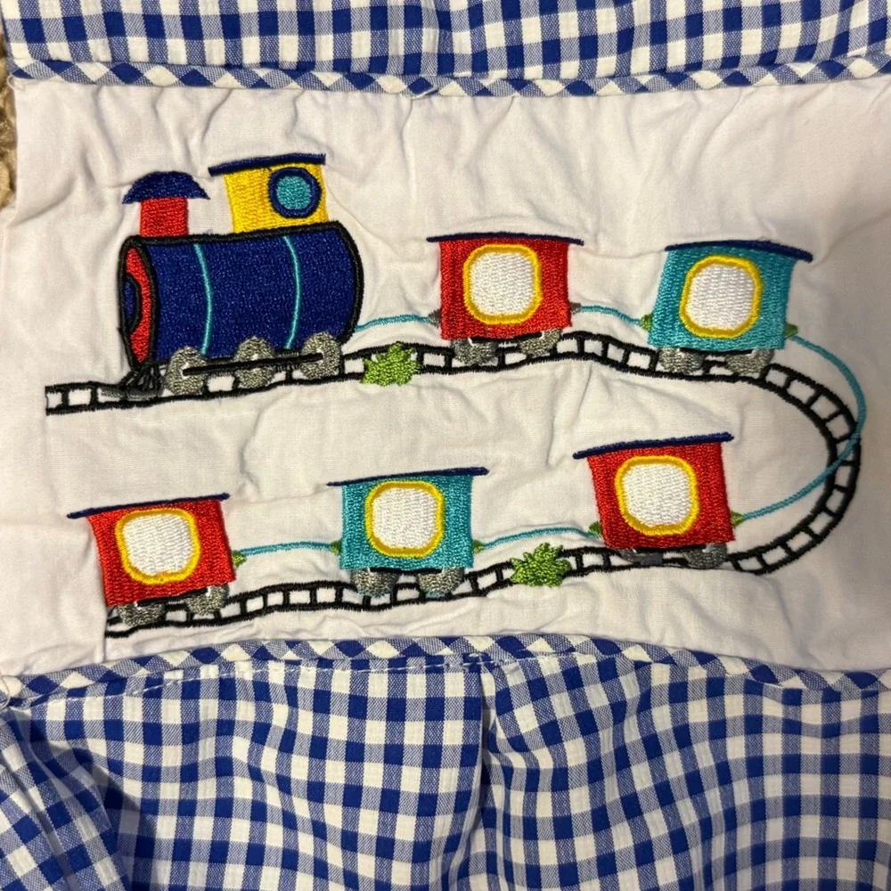 Blue Gingham Romper with Train Embroidery
